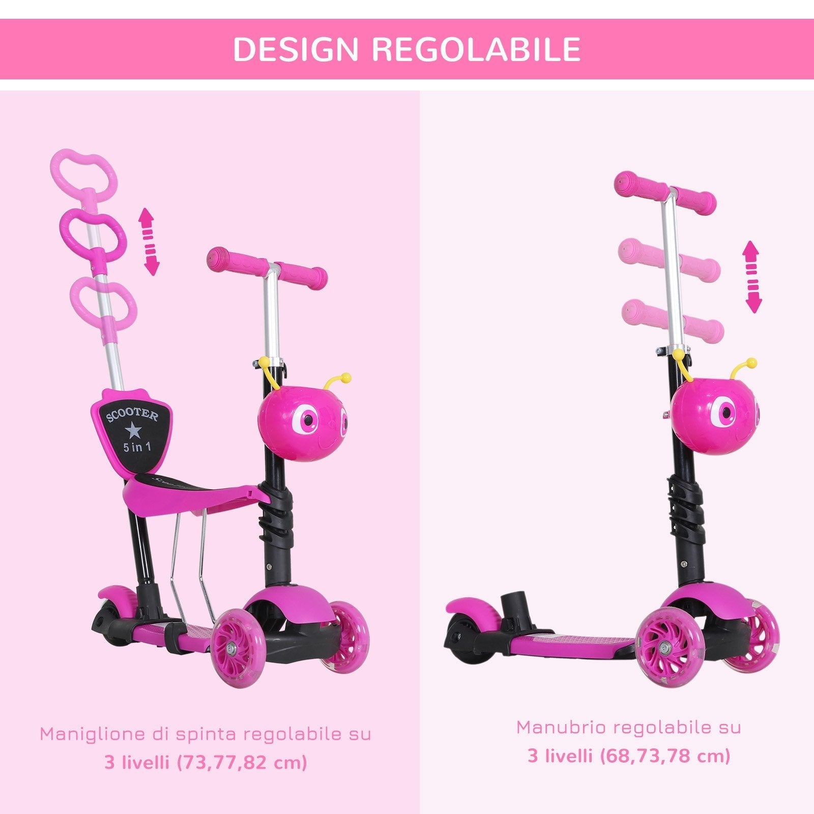 Scooter for Kids with Seat and Handlebar, 5 in 1 Height Adjustable Handlebar, 62x25x72.5cm Pink - Borgè