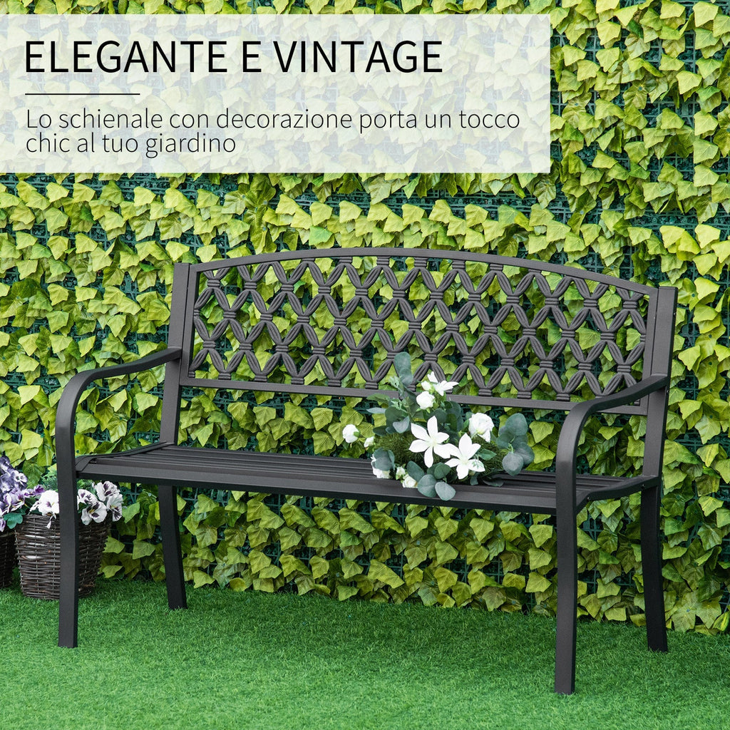 2-Seater Outdoor Bench with Armrests in Steel and Cast Iron, 128x58.5x89cm, Black - Borge' Group Limited