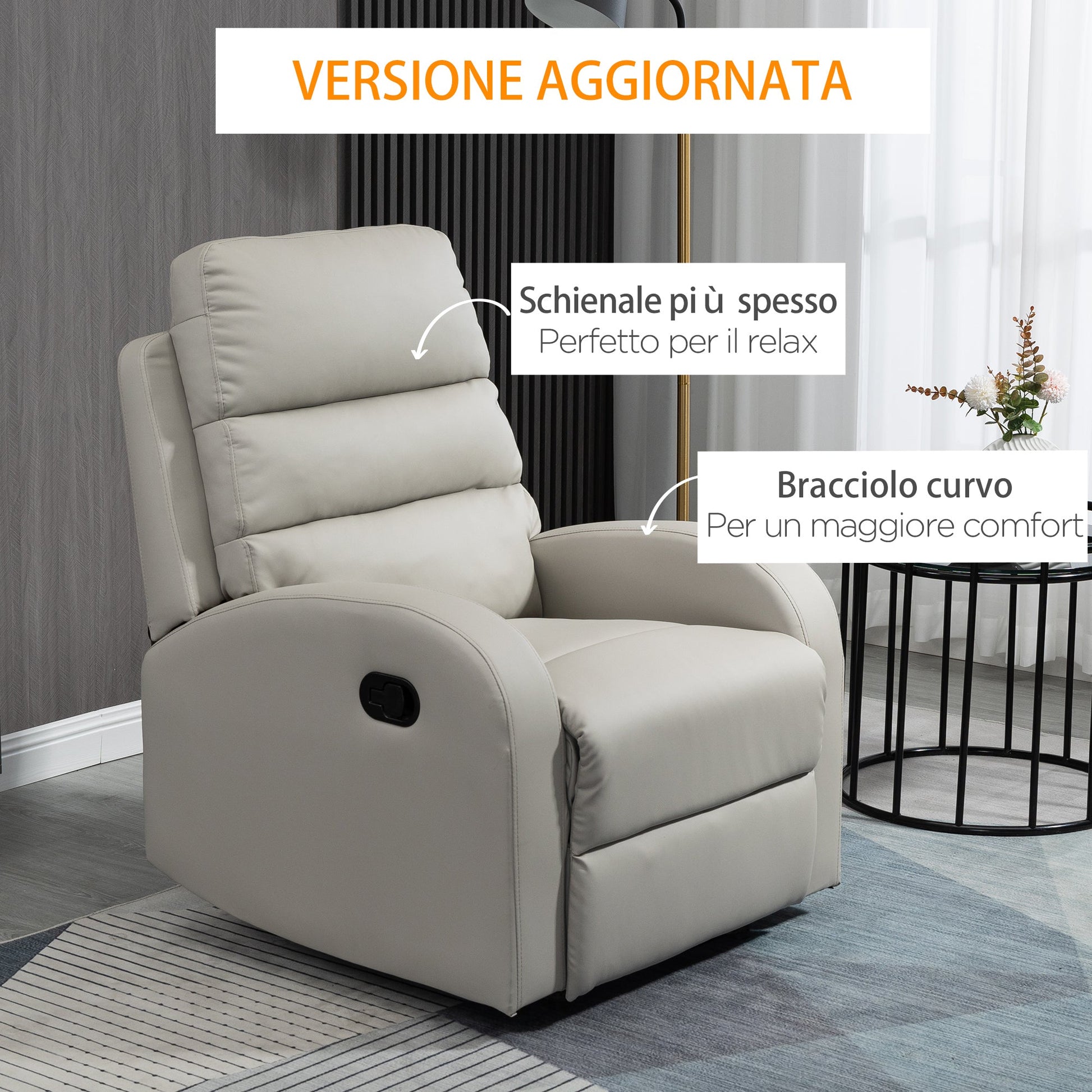 Relaxable relaxation armchair with padded seat and home and office footrests, 80x91x102 cm, Grey - Borgè