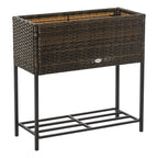Raised Garden Bed, Wicker-Effect Planter with Shelf, Raised Garden Bed for Indoor and Outdoor Use, Grey (70cm x 30cm x 72cm) - Borge' Group Limited