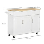 VERA | Multipurpose Wooden Kitchen Cart Trolley with 2 Drawers, 3 Doors and 4 Wheels 121x46x91cm - White - Borgè