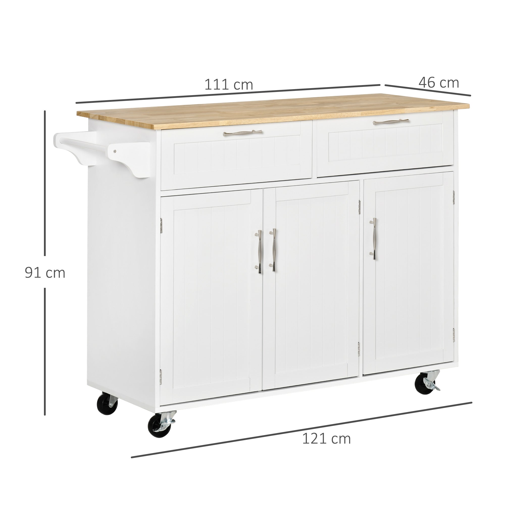 VERA | Multipurpose Wooden Kitchen Cart Trolley with 2 Drawers, 3 Doors and 4 Wheels 121x46x91cm - White - Borgè