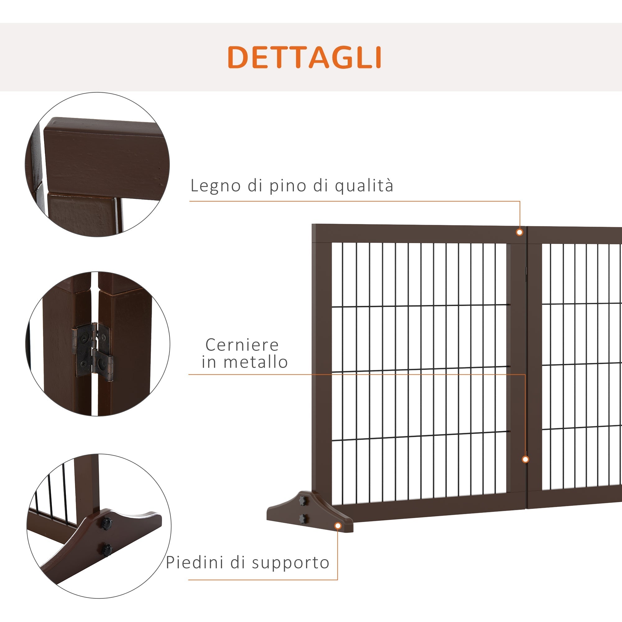 Folding and Adjustable Pet Gate in Pine Wood and Metal with Stable Base, for Dogs and Puppies, 185x36x71cm - Borge' Group Limited