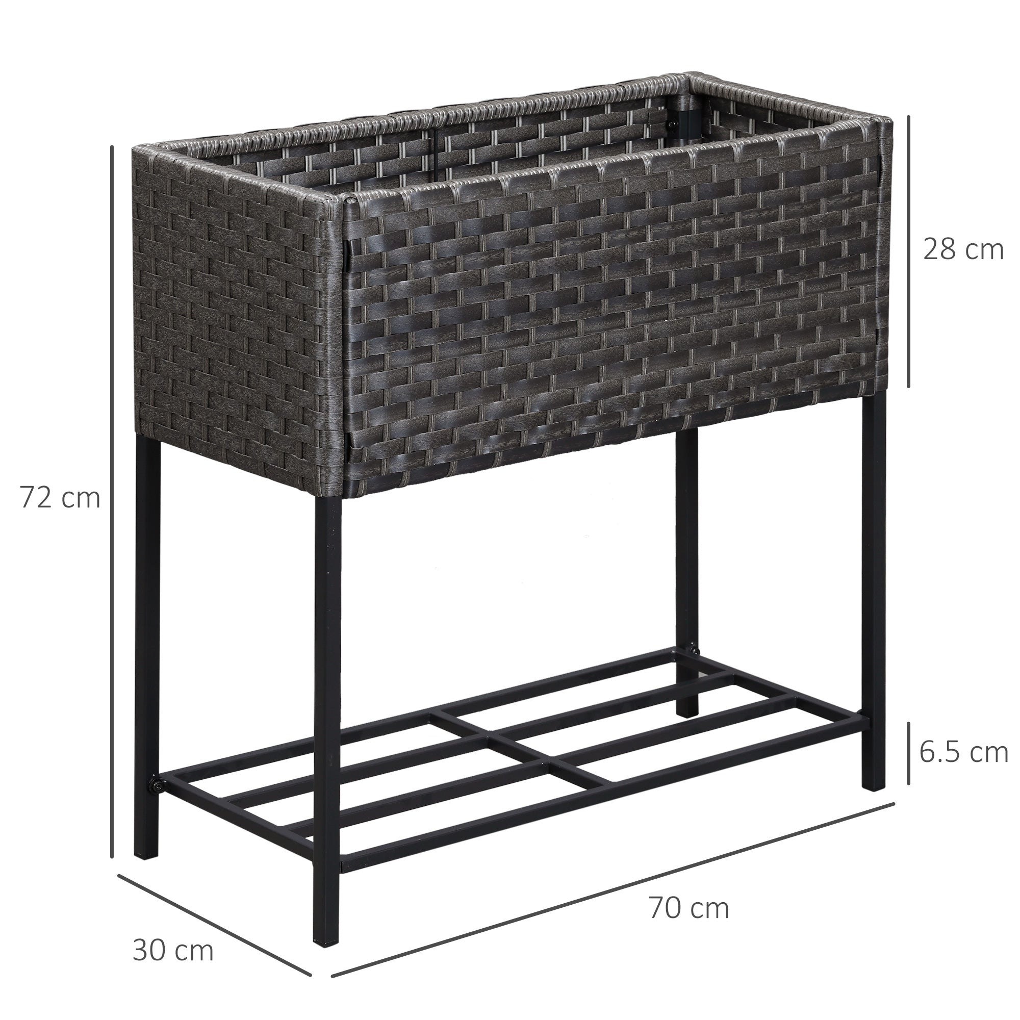 Raised Garden Bed, Wicker-Effect Planter with Shelf, Raised Garden Bed for Indoor and Outdoor Use, Grey (70cm x 30cm x 72cm) - Borge' Group Limited
