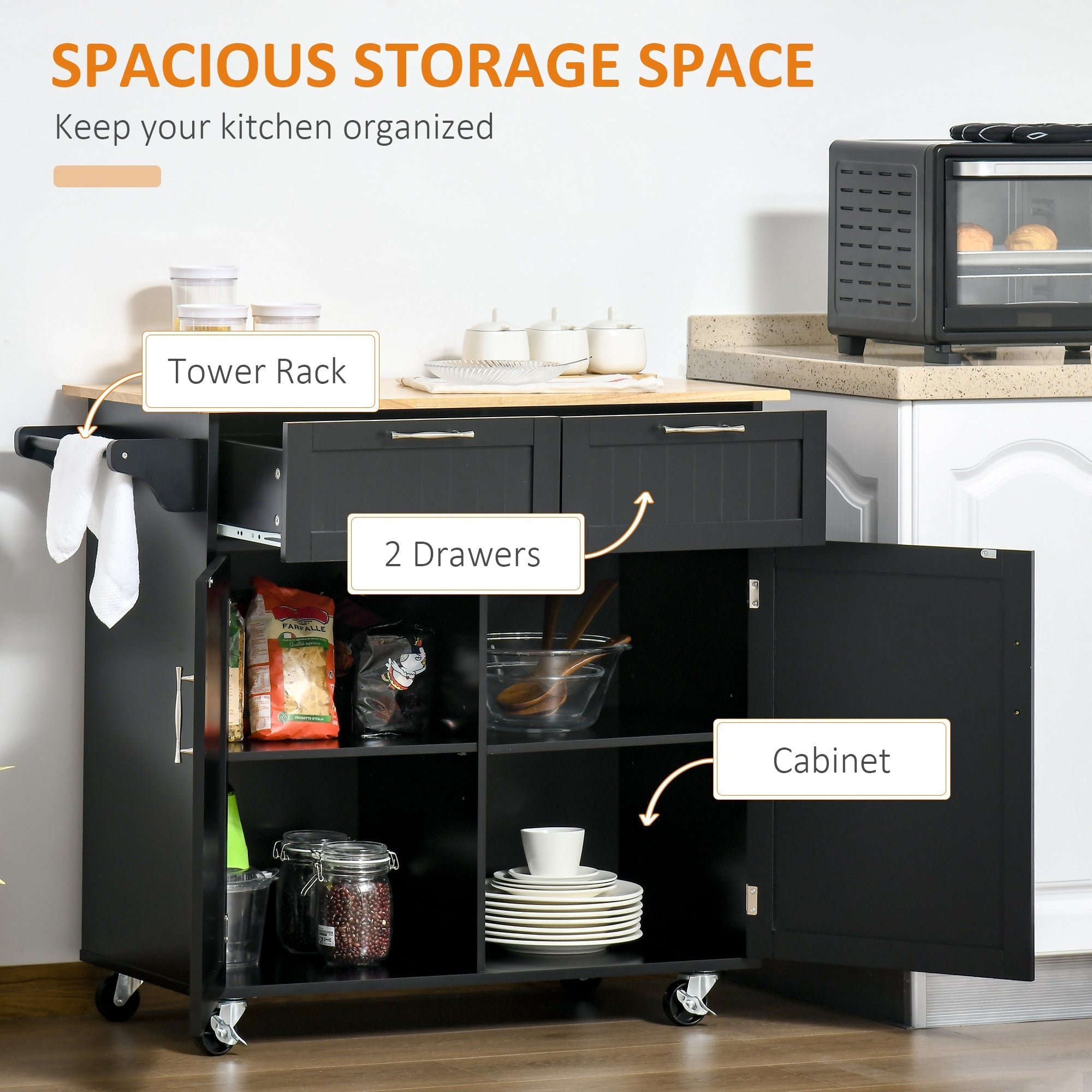 Multiuse wooden kitchen trolley with 2 drawers, locker and 4 wheels, 104x46x91cm, black - Borgè