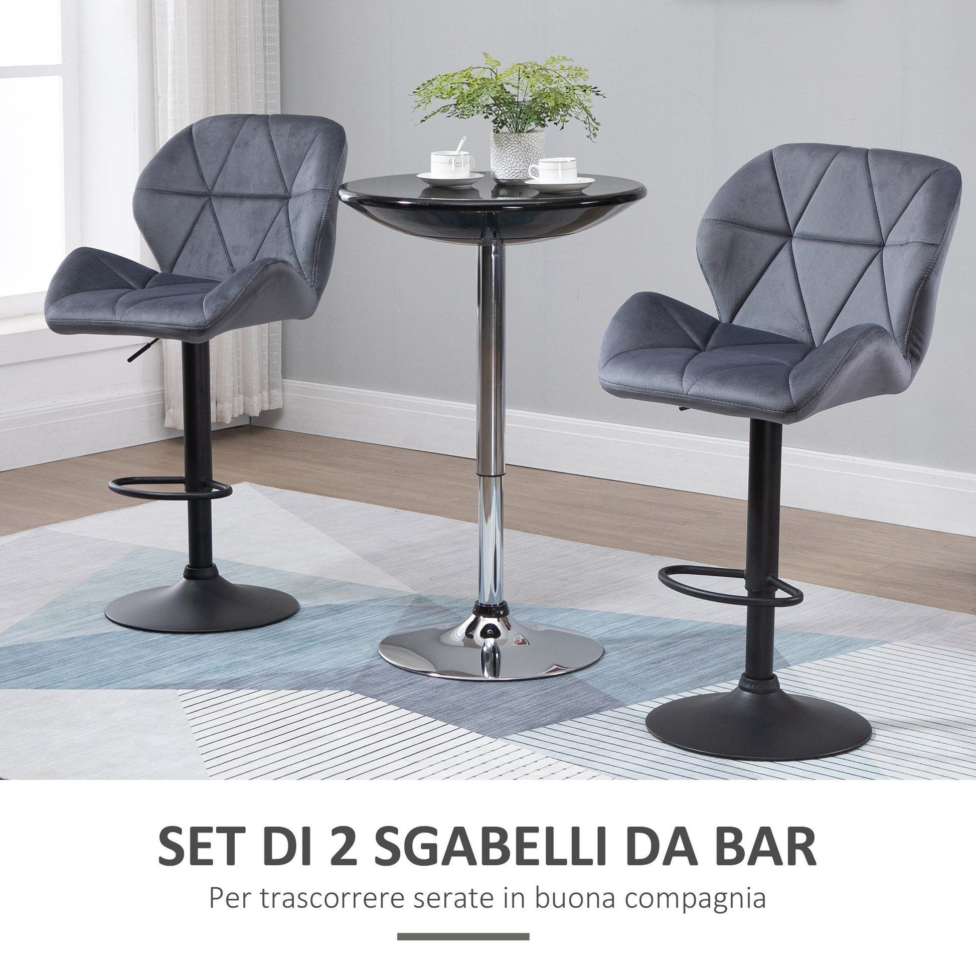 Homcom Set 2 swivel bar stools with adjustable height, velvet coating and round base - Grey - Borgè