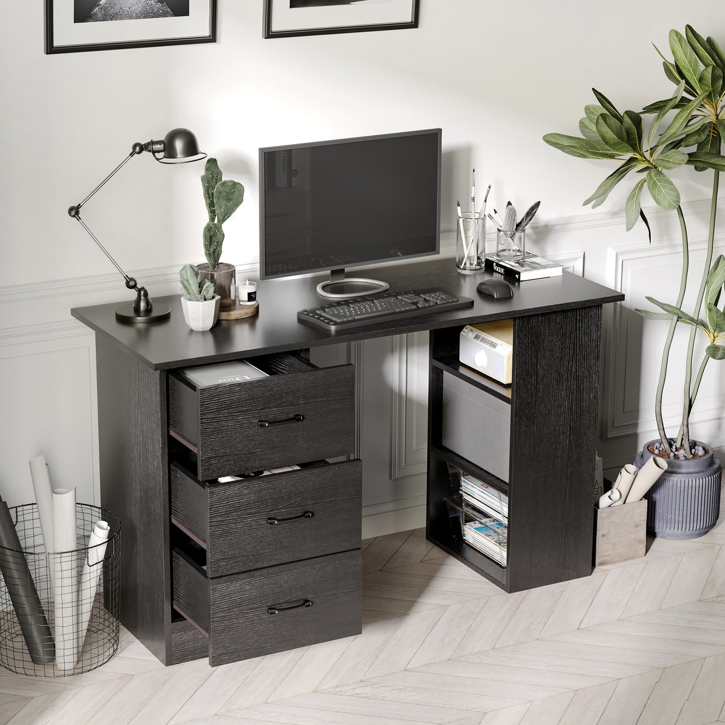 Homcom Modern Wooden desk with 3 drawers and 3 shelves for room and office, 120x49x72cm, black - Borgè