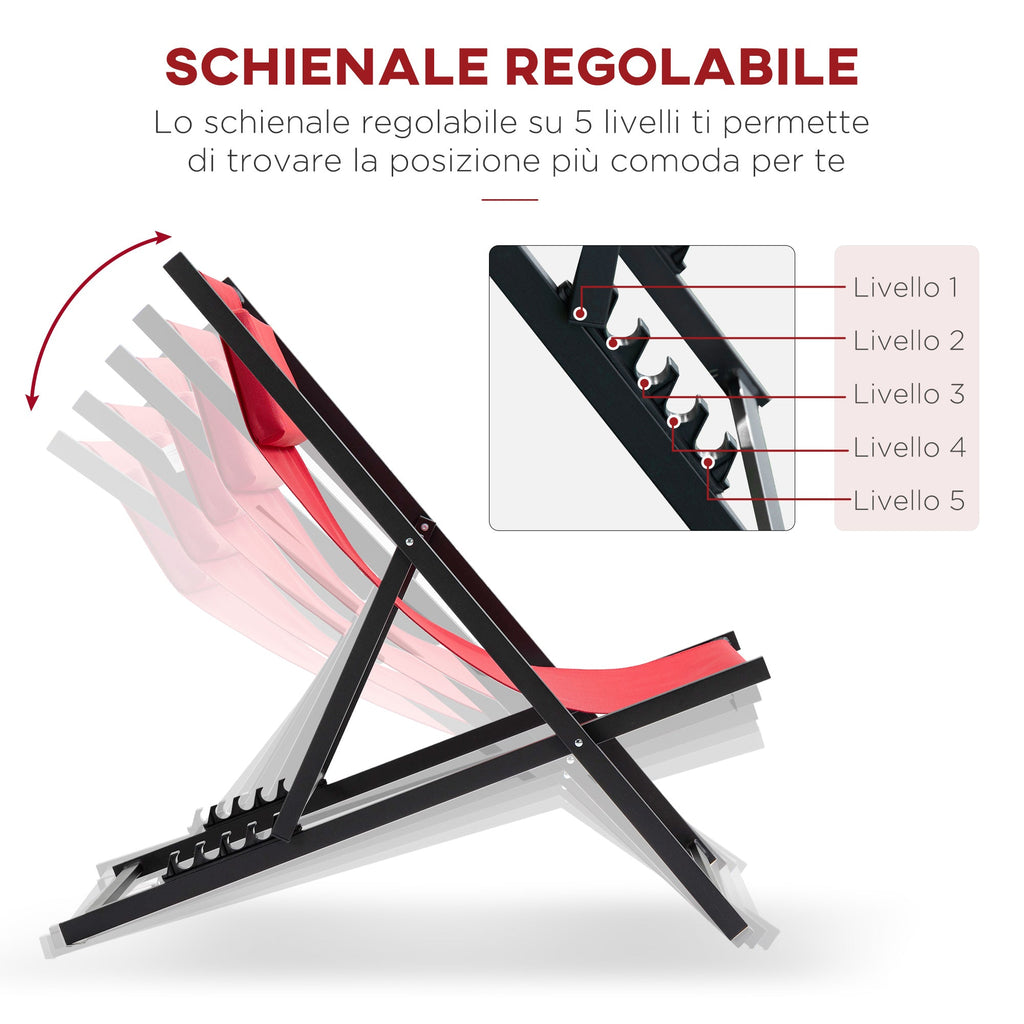 Set of 2 Outdoor Folding and Reclining Deck Chairs in Aluminum, Red, 96.5 x 58 x 91.5cm - Borge' Group Limited