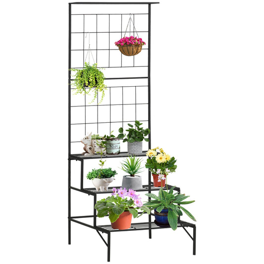 Outsunny carrier shelf with 3 shelves and vertical panel for climbing plants, in metal, black - Borgè