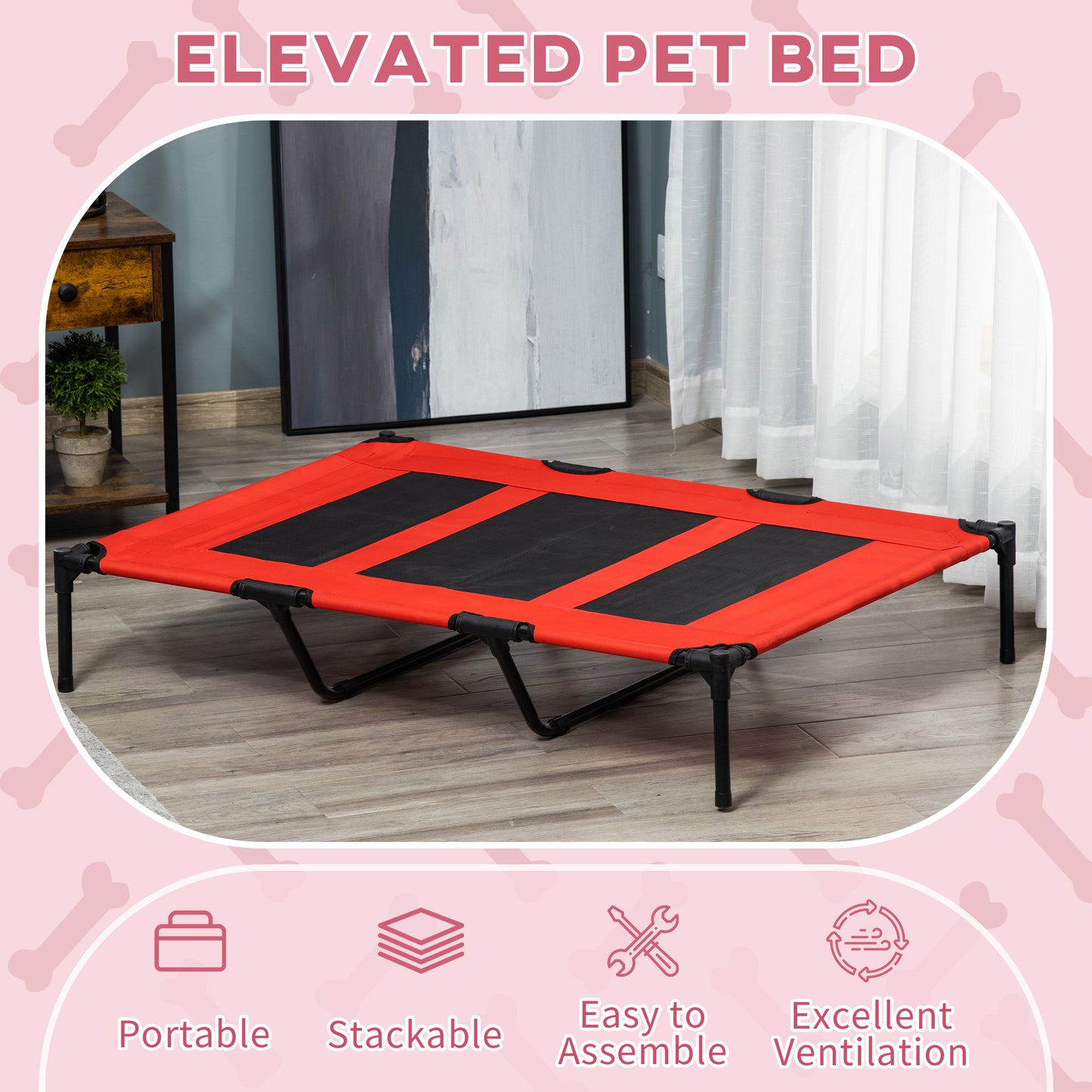 PAWHUT Dog bed 50kg Max raised with travel bag, metal and Oxford fabric, 122x92x23 cm, red - Borgè