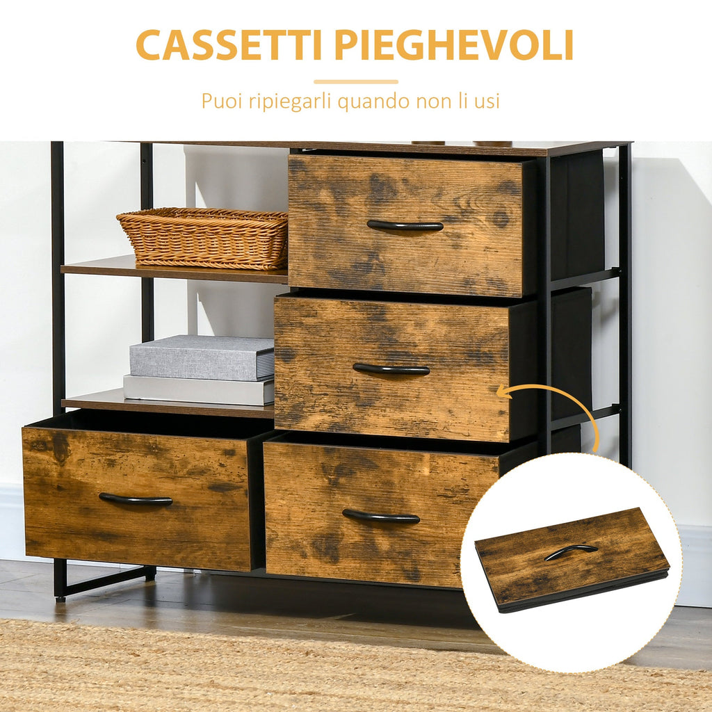 Industrial style chest of drawers with 4 drawers in folding fabric and 2 open shelves, 84x30x71.5 cm, brown - Borgè