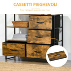 Industrial style chest of drawers with 4 drawers in folding fabric and 2 open shelves, 84x30x71.5 cm, brown - Borgè