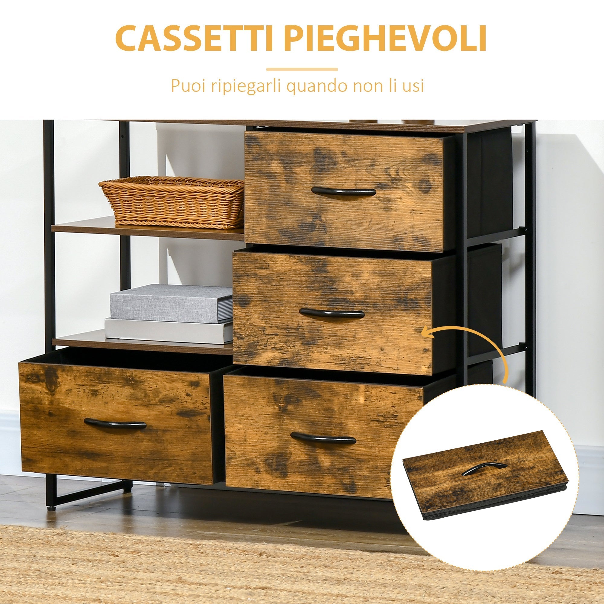 Industrial style chest of drawers with 4 drawers in folding fabric and 2 open shelves, 84x30x71.5 cm, brown - Borgè