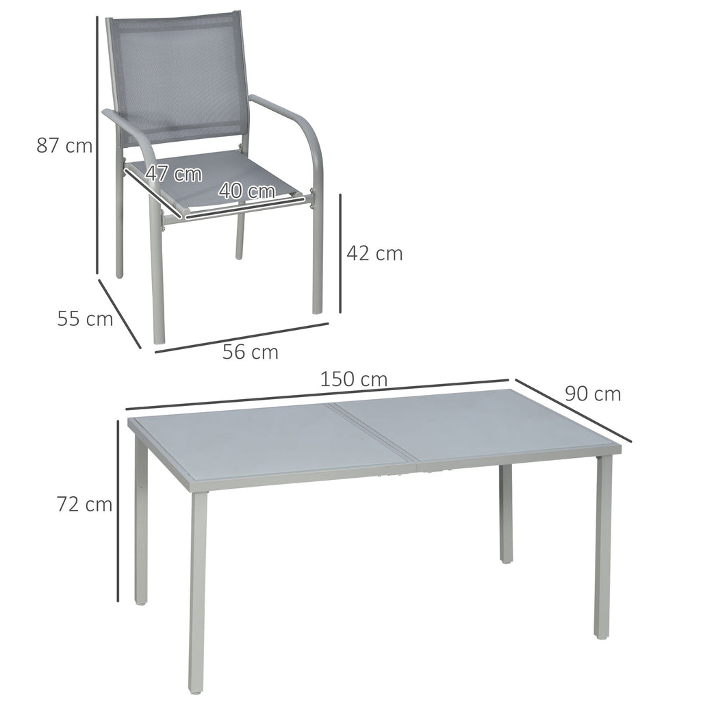 Garden Set with Tempered Glass Table and 6 Chairs with Mesh Fabric, Grey - Borge' Group Limited
