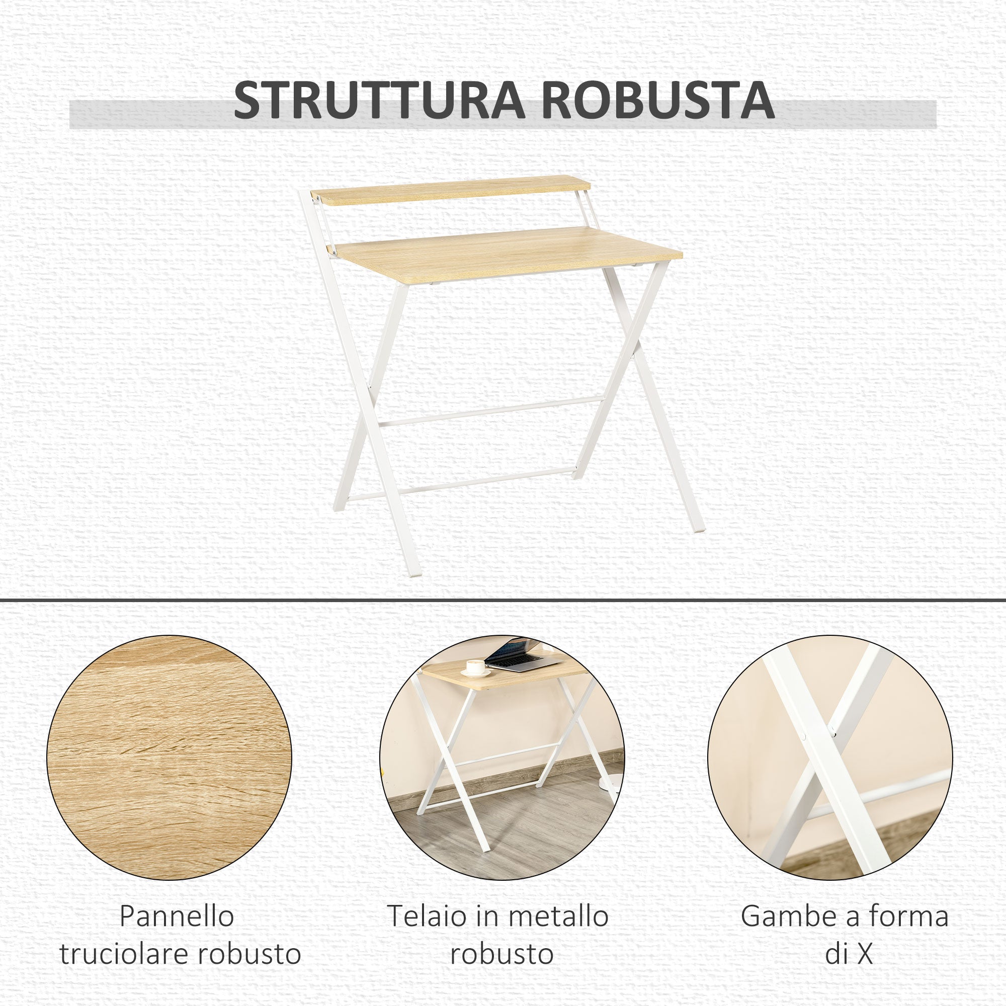 Folding Desk Space with Superior Shelf for Room and Office, 81.5x70x84cm, Wood and White Color - Borgè