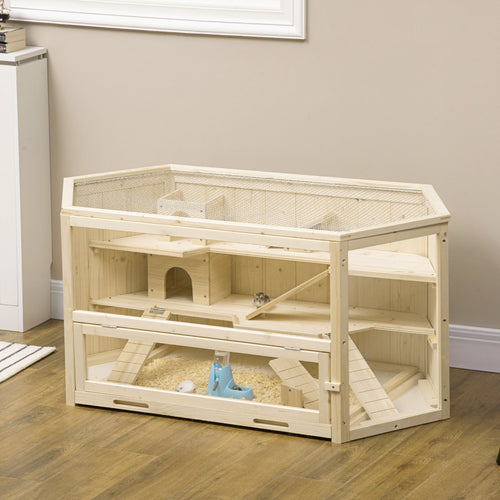 3-Tier Wooden Hamster House with Opening Roof and Transparent Wall, 115x60x55cm - Borge' Group Limited