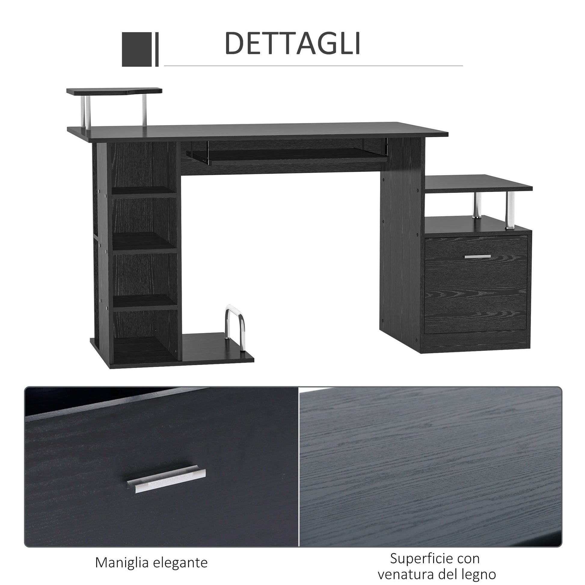 Desk for modern computer with drawers, shelves and removable keyboard, office desk for black wooden wood 152x60x88cm - Borgè