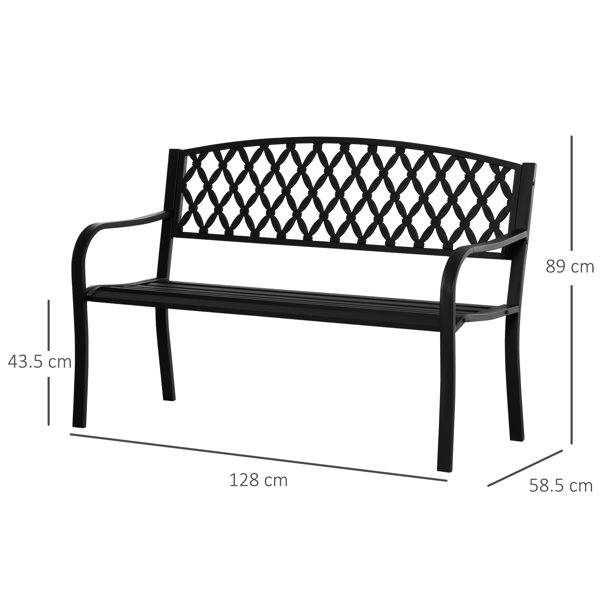 2-Seater Outdoor Bench with Armrests in Steel and Cast Iron, 128x58.5x89cm, Black - Borge' Group Limited