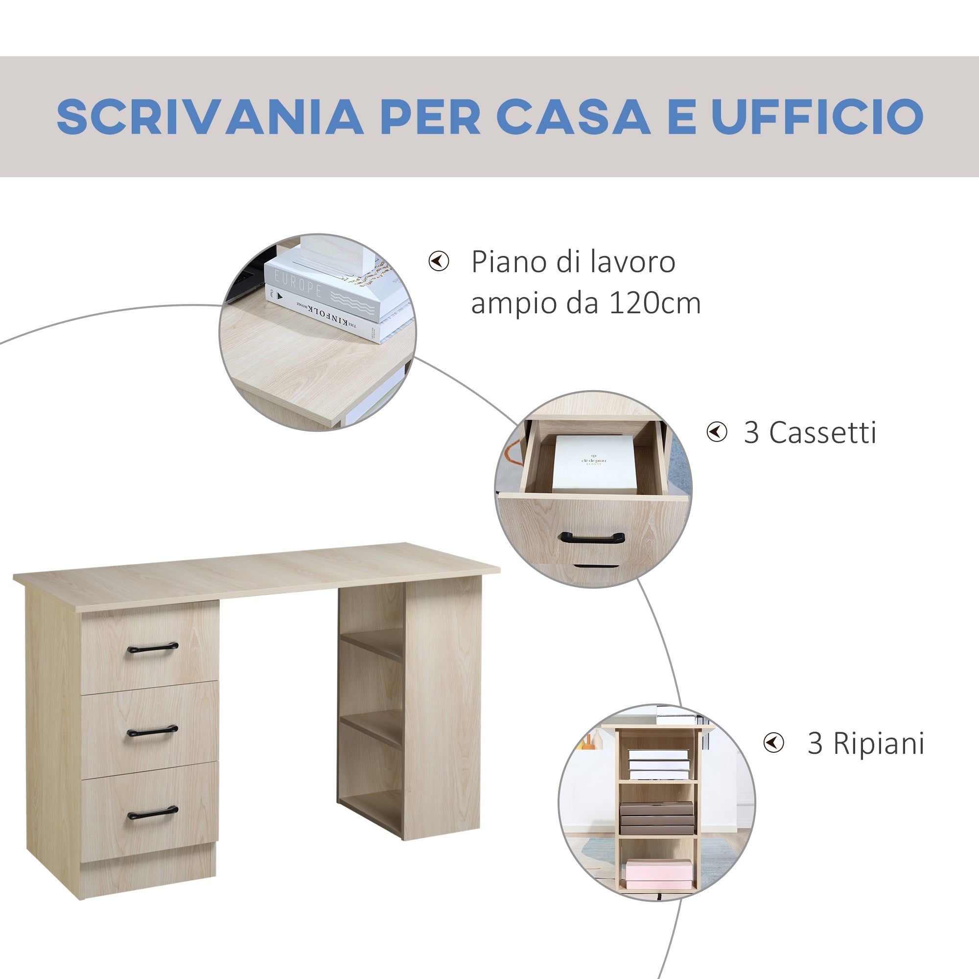 Modern PC Desk per room with 3 drawers and 3 wooden shelves for home and office 120x49x72cm - Borgè