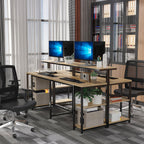 Homcom Double desk with shelves and industrial style shelf in metal and mdf, 200x53x100cm, black brown - Borgè