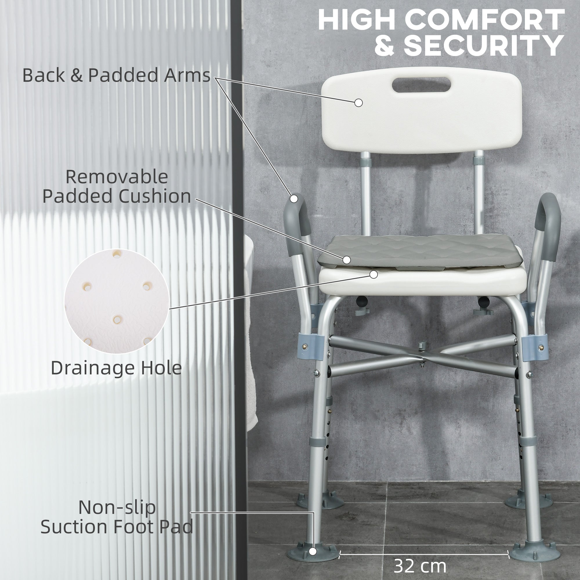 Homcom ADVANTABLE HEIGHT SHOWER SHOW WITH ARMS AND REMOVABLE CUSCIN 53.5X52X80-90 cm, White - Borgè
