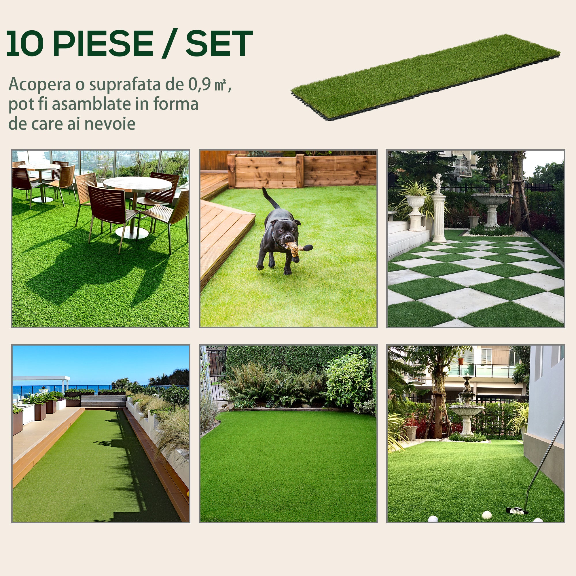 Outsunny garden tiles with synthetic grass 30x30cm 10 pieces, artificial lawn density 6500, green - Borgè