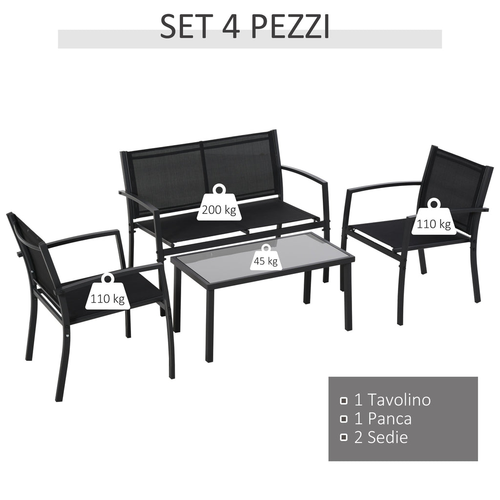 Outdoor Lounge Set, 4 Piece Set with 1 Coffee Table, 2 Garden Chairs and 1 Metal Bench, Black - Borge' Group Limited