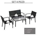 Outdoor Lounge Set, 4 Piece Set with 1 Coffee Table, 2 Garden Chairs and 1 Metal Bench, Black - Borge' Group Limited