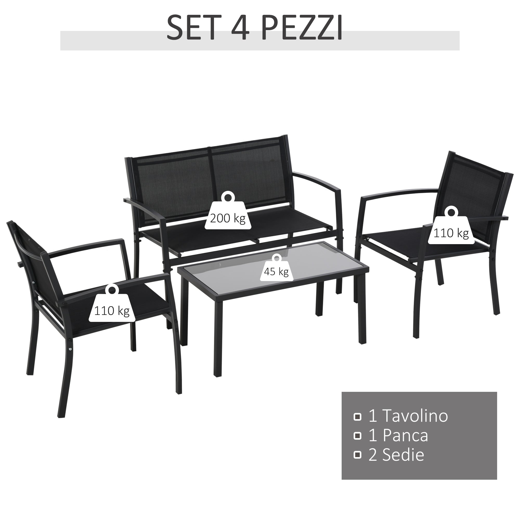 Outdoor Lounge Set, 4 Piece Set with 1 Coffee Table, 2 Garden Chairs and 1 Metal Bench, Black - Borge' Group Limited