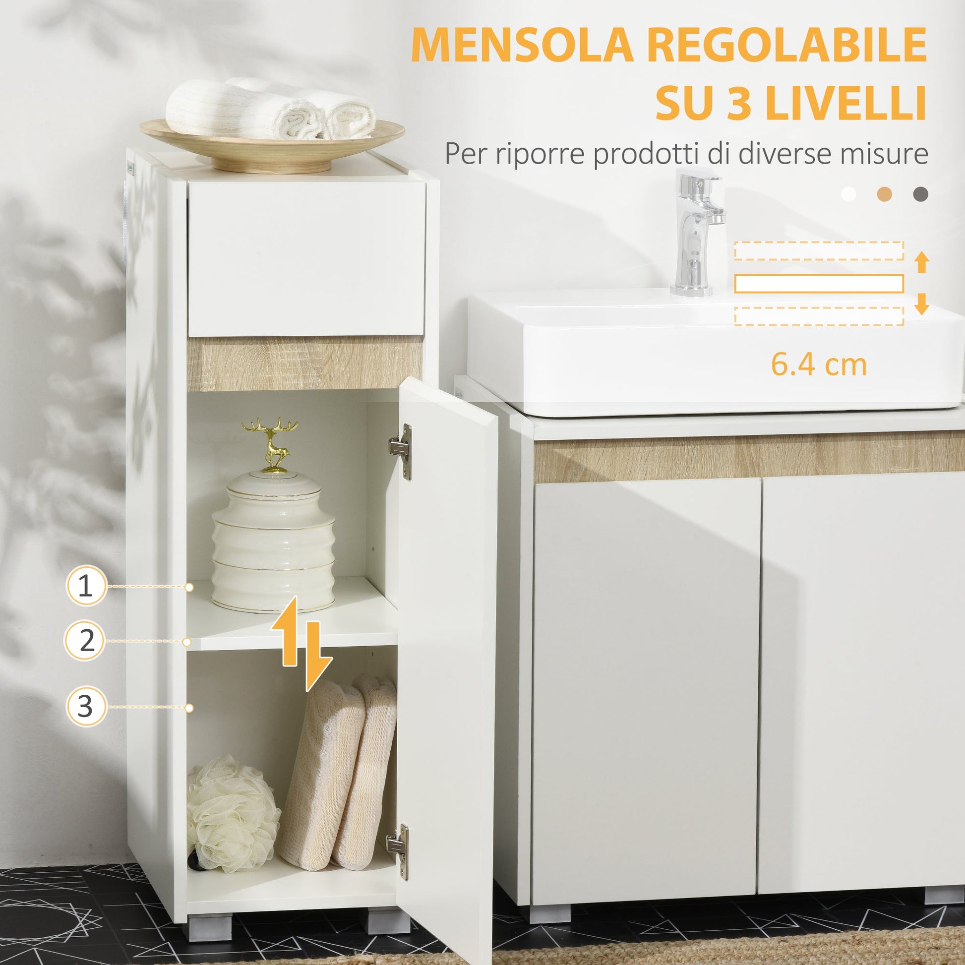 kleankin bathroom cabinet with drawer and locker with adjustable wooden shelf 30x33x88cm, white - Borgè