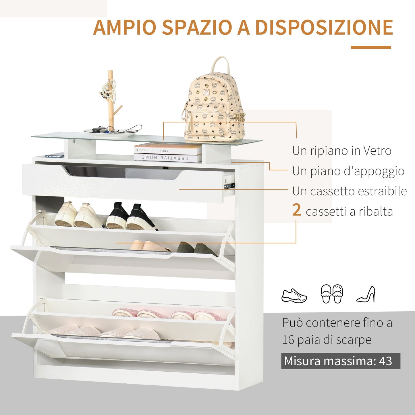 Modern Scarpper, 2 drawers for 16 shoes with adjustable shelf and glass shelf, 89x23x96cm, shiny white - Borgè