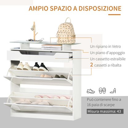 Modern Scarpper, 2 drawers for 16 shoes with adjustable shelf and glass shelf, 89x23x96cm, shiny white - Borgè