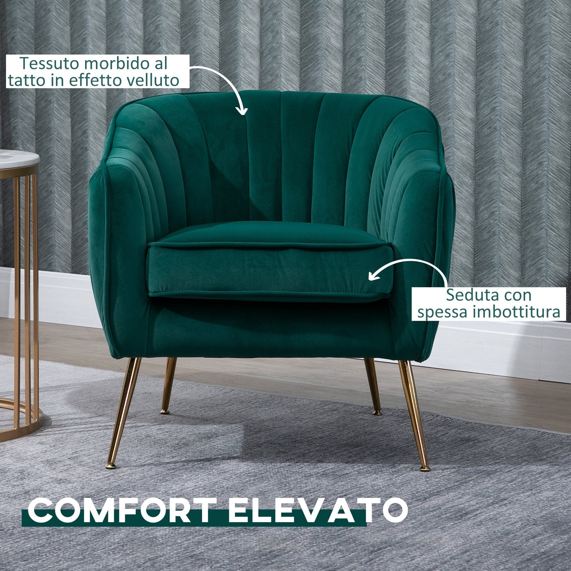 Homcom green velvet armchair with golden metal legs - Borgè