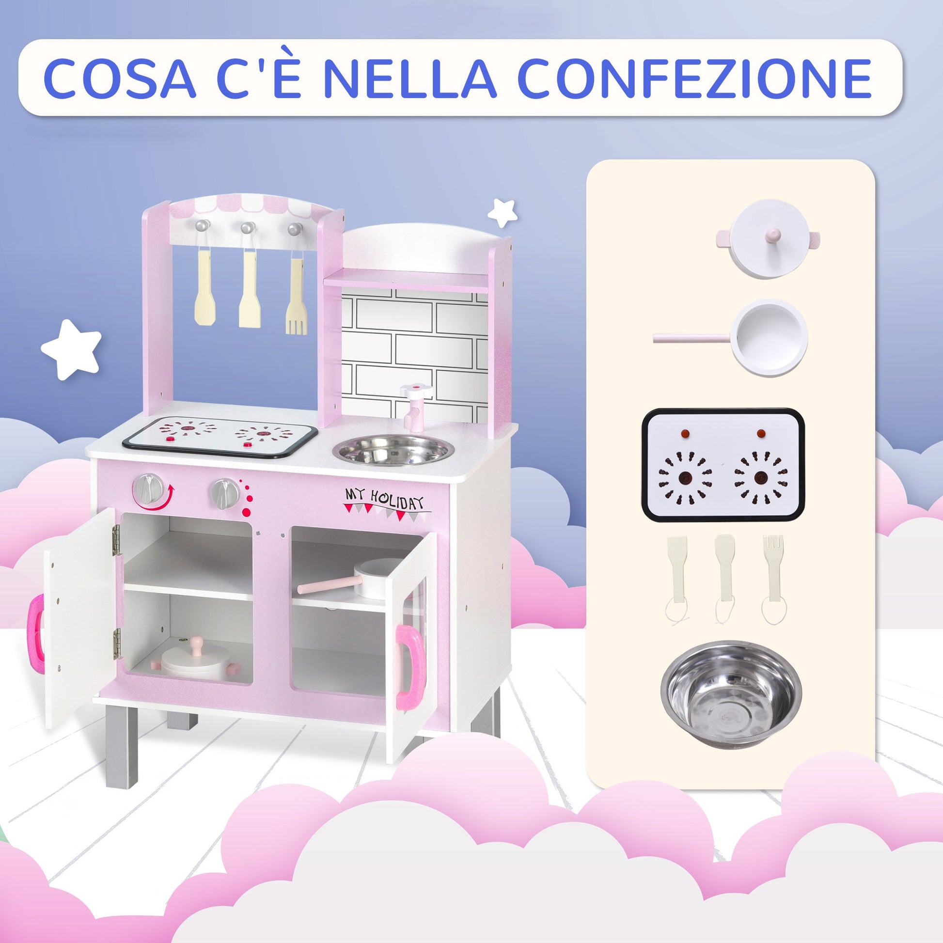 Kitchen for children 3+ years with 5 accessories included, game with realistic sounds, locker, 55x30x80cm, pink - Borgè