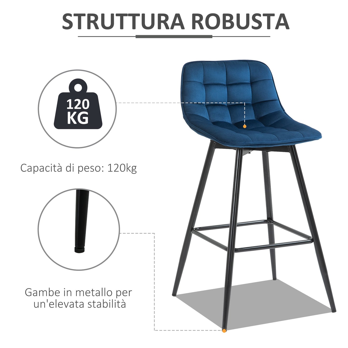 Set of 2 Bar Stools with Backrest and Footrest, Nordic Style High Upholstered Chairs in Metal and Velvet, Blue, 45x47x88cm - Borgè