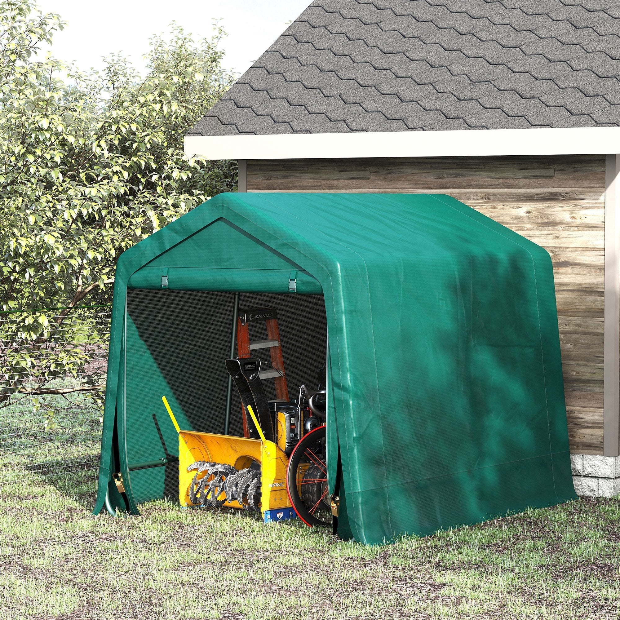 2.4x2m Outdoor Garage Tent for Motorcycles and Bicycles, Garden Tool Shed in Metal and PE Fabric, Green - Borge' Group Limited