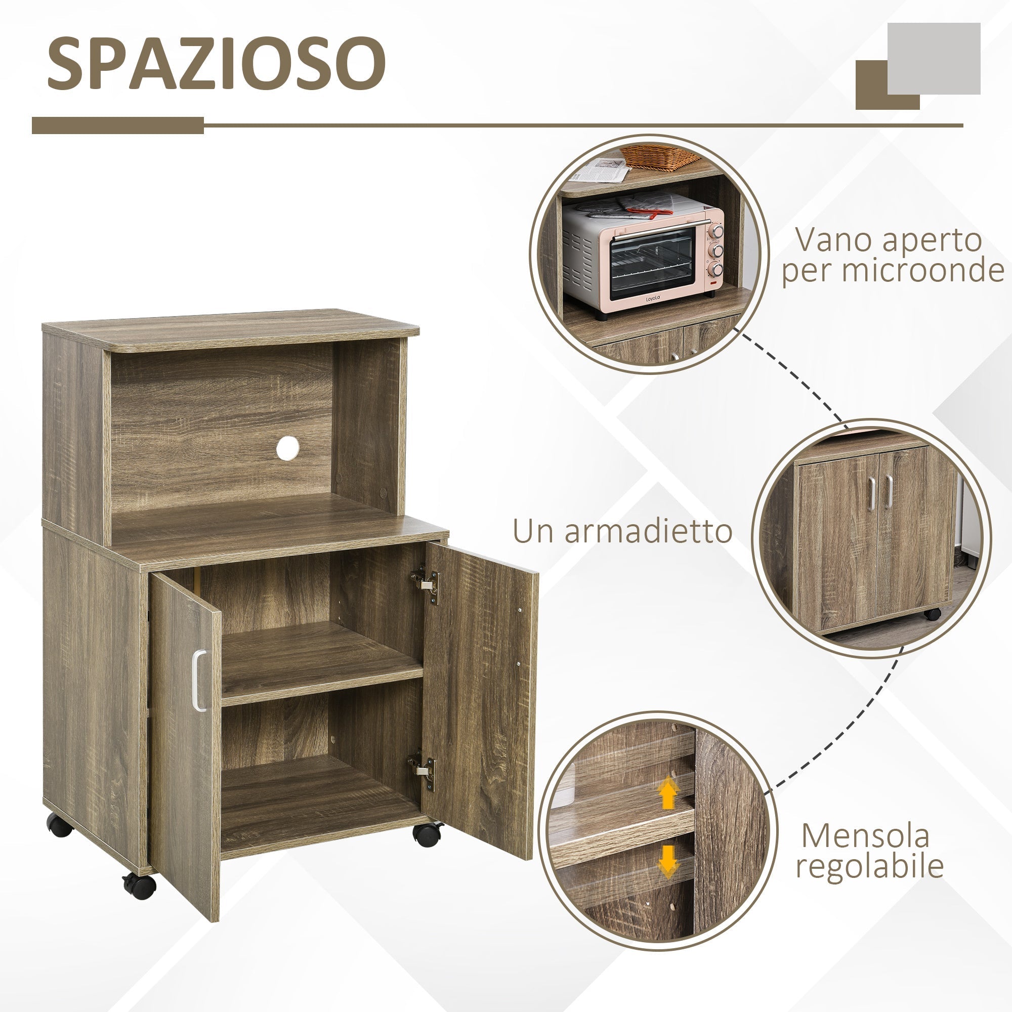 Miglio Multiuse kitchen with 4 wheels, locker and microwave shelf, 60.4x40.3x97cm - wood - Borgè