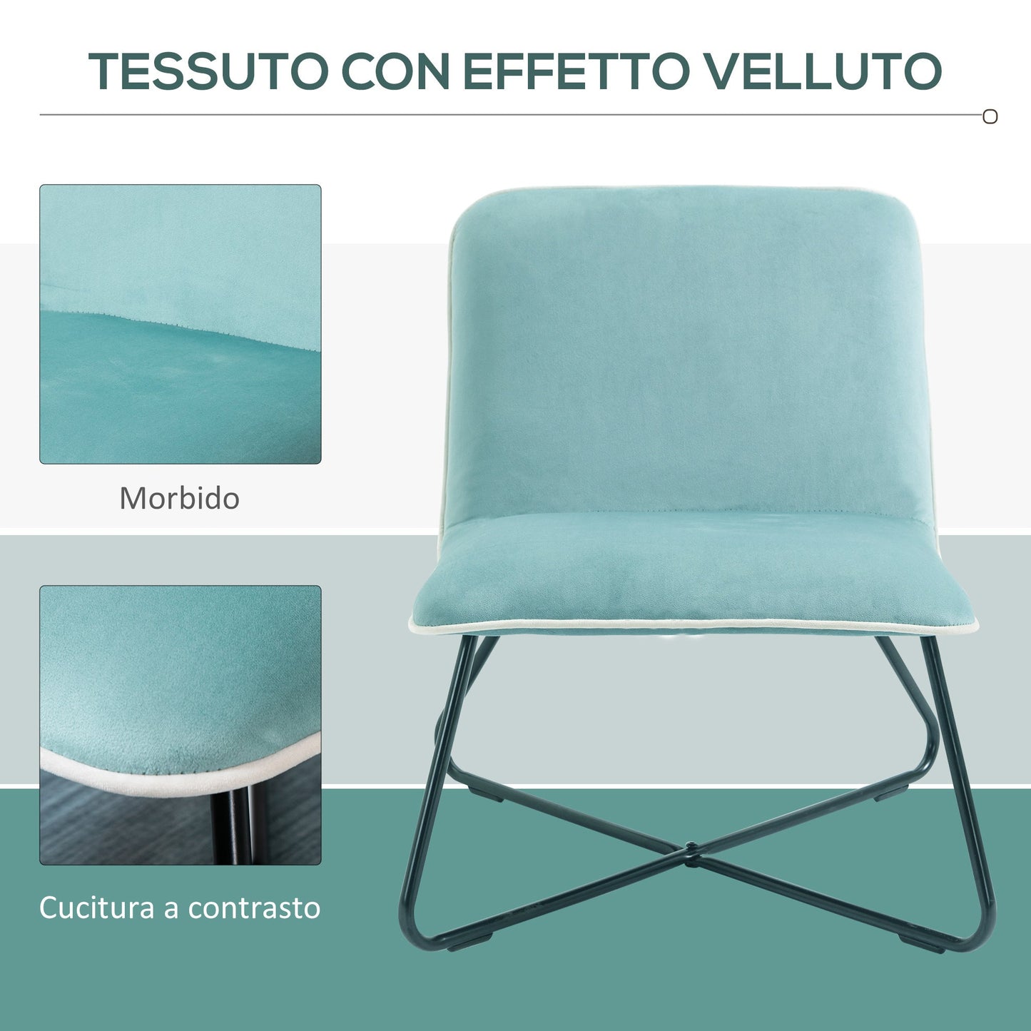 Velve in Nordic style velvet without armrests, chamber armchair with crossed metal base, 55x69x68cm, green - Borgè