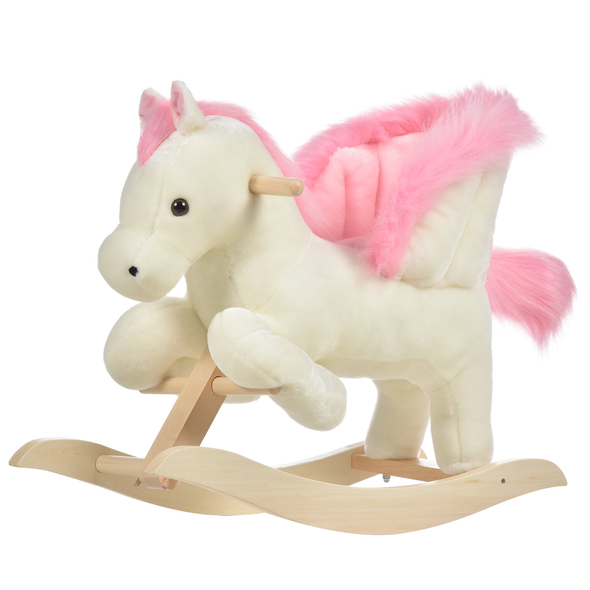 White and Pink Rocking Horse with Sounds and Poplar Wood Structure for Children 18-36 Months, 70x28x57cm - Borgè