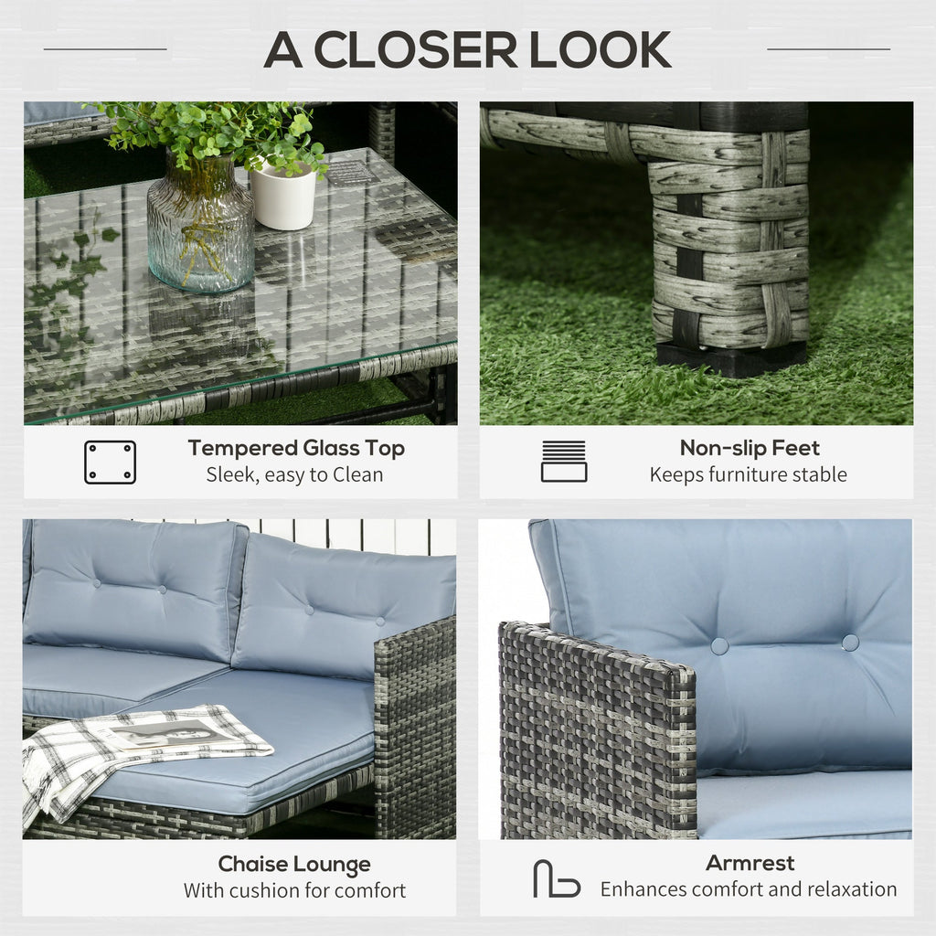 Garden Lounge Set with Sofa, Chaise Longue and Coffee Table in PE Rattan with Cushions, Grey - Borge' Group Limited
