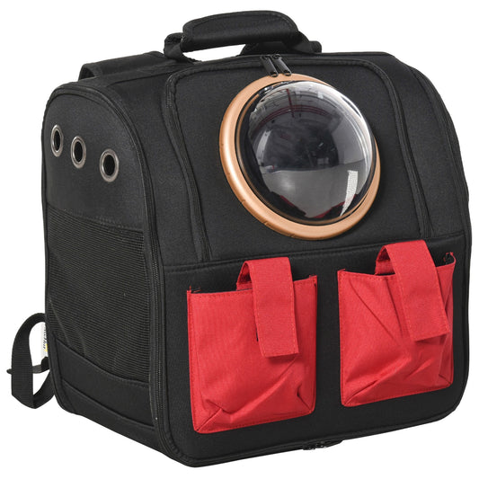 Pawhut backpack with porthole for cats and small folding dogs in black and red oxford fabric, 38x24x38cm