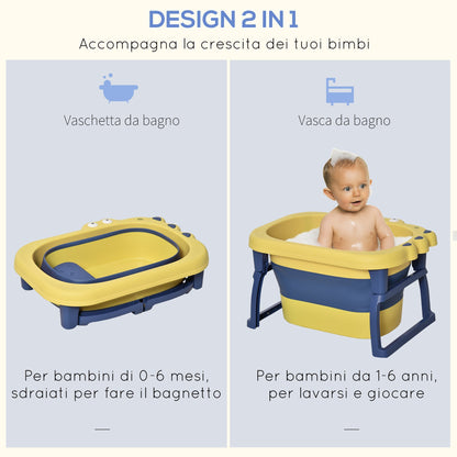 Folding bath tray for babies and children aged 0-6, in non-slip plastic, blue and yellow, 75.3x55.4x43cm - Borgè