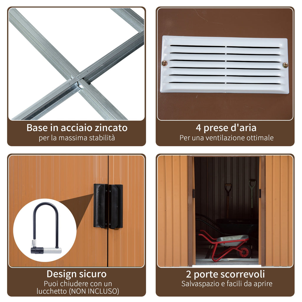 Garden Shed with Base and Double Sliding Doors, Steel Garden Shed, 277x195x192 cm, Yellow - Borge' Group Limited