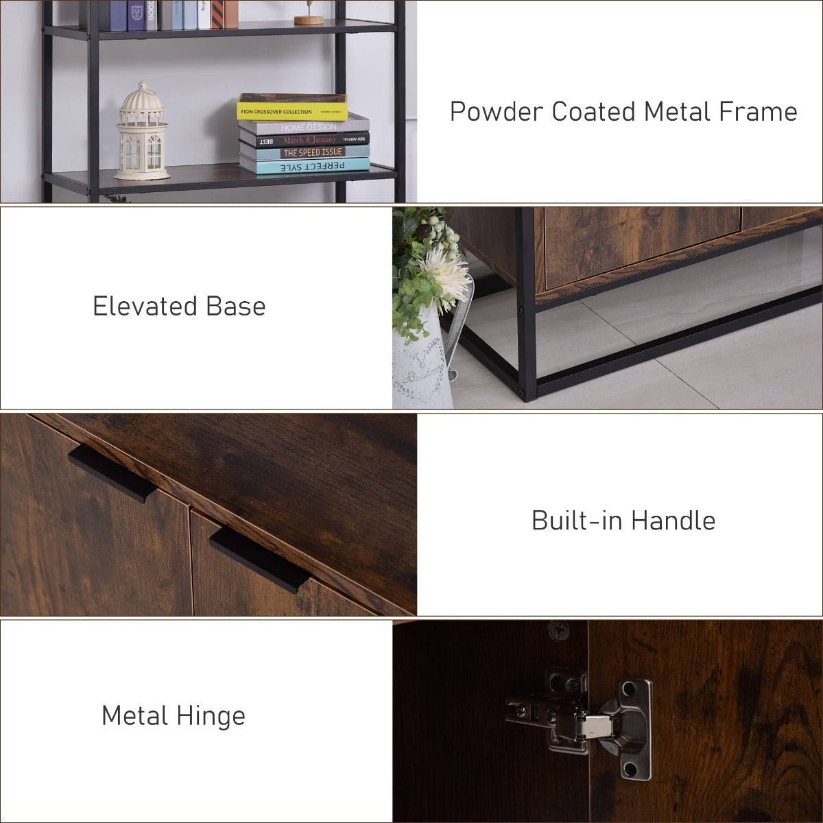 Wall bookcase shelf with doors and 3 wooden and black metal shelves - Borgè