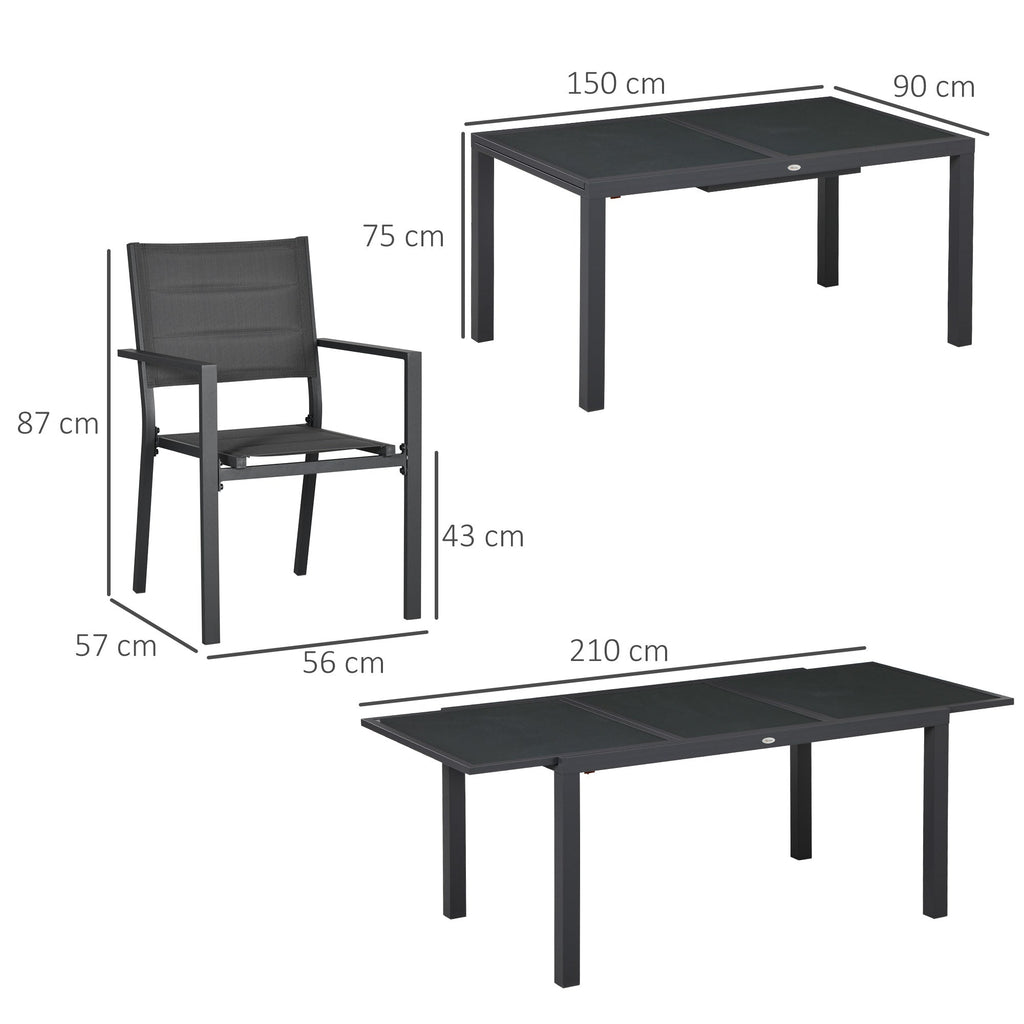 Extendable Glass Table and 6 Chairs Garden Set with Breathable Seat, Dark Grey - Borge' Group Limited