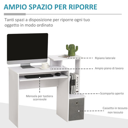 Homcom computer desk with keyboard holder, shelter and drawer in fabric, in wood, 100x40x86.6cm, white - Borgè