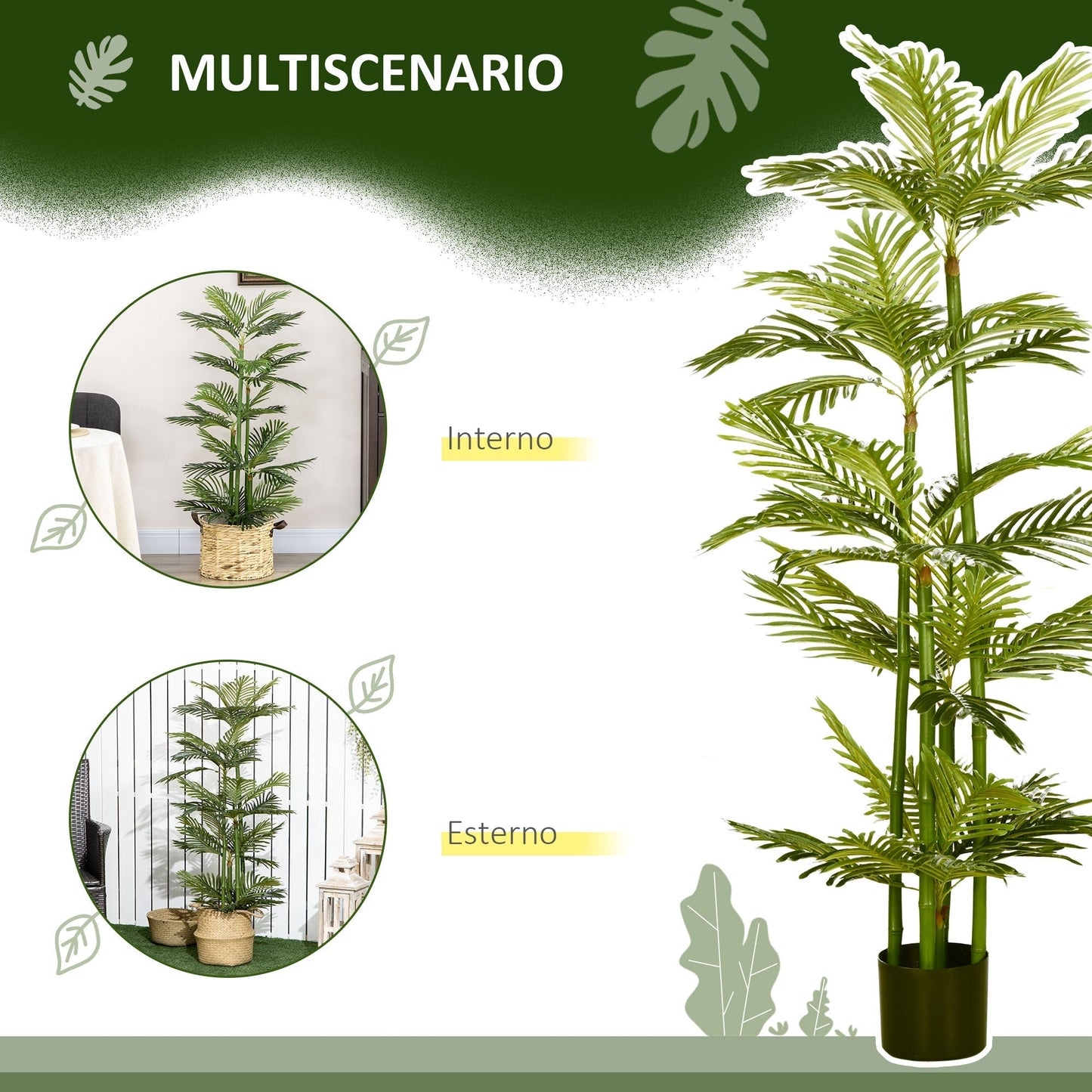 Artificial Palm Plan from 140 cm to 45 leaves and 5 branches with Ø15x12 cm pot, for interiors and outdoors, green - Borgè