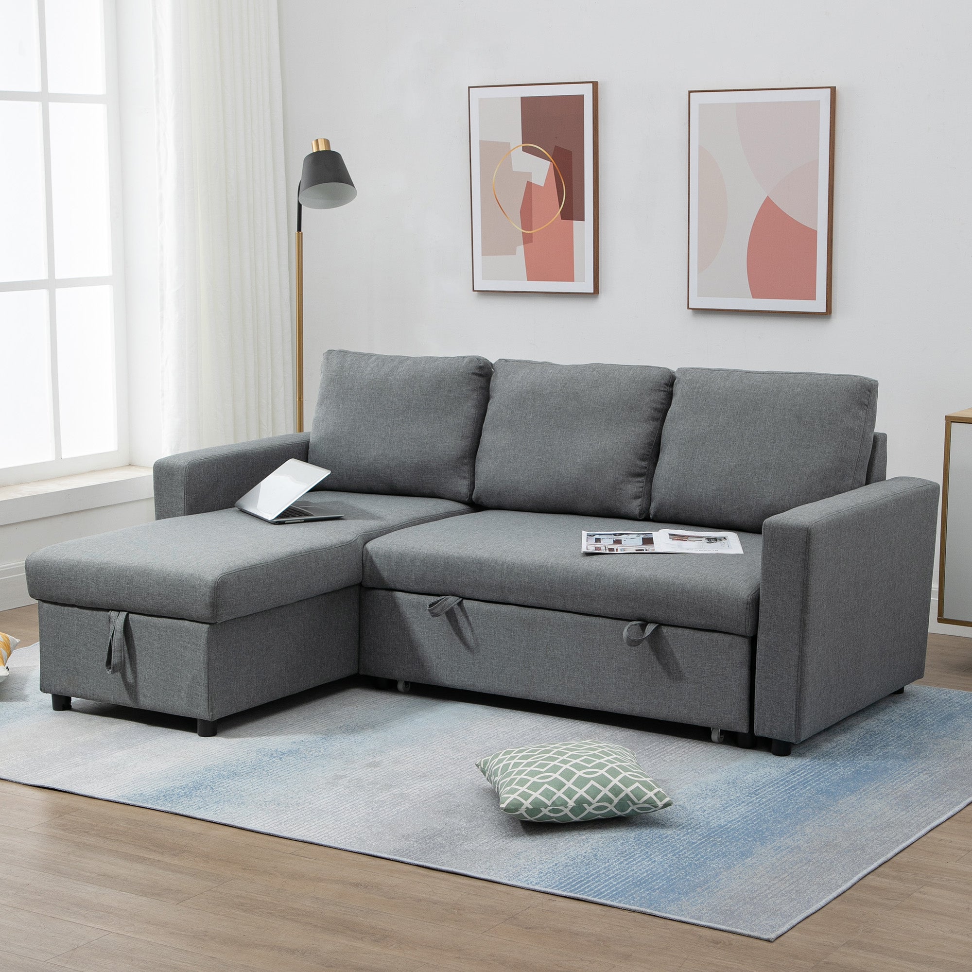 sofa bed 3 seats and peninsula with container, linen effect fabric covering, 211.5x146x85cm - Borgè