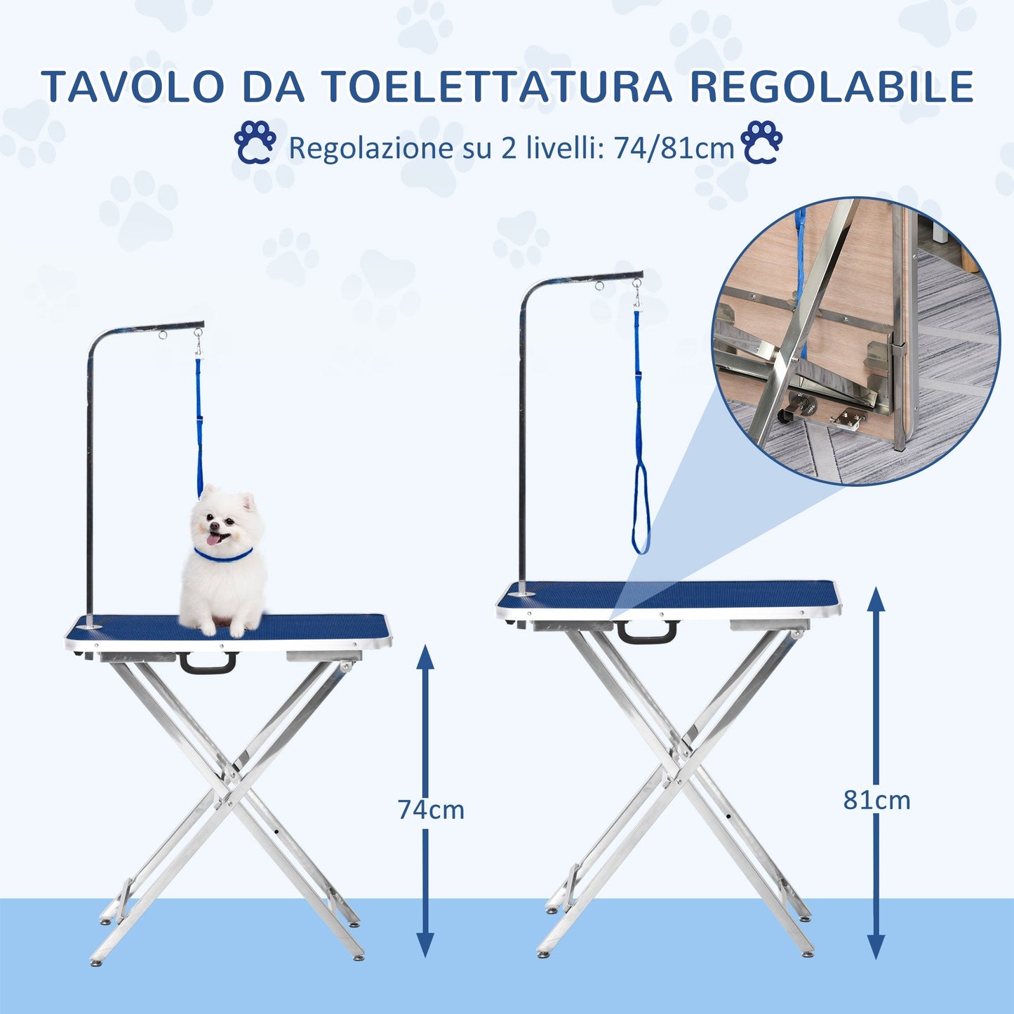 PAWHUT Folding grooming table, adjustable arm and leash, 70x45x74-81cm, blue - Borgè