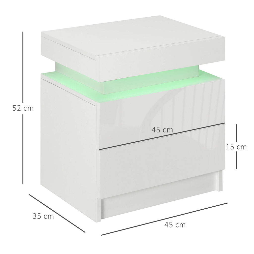 HOMCOM White Bedside Table with LED Light, High Gloss Front Nightstand with 2 Drawers, for Living Room, Bedroom - Borgè